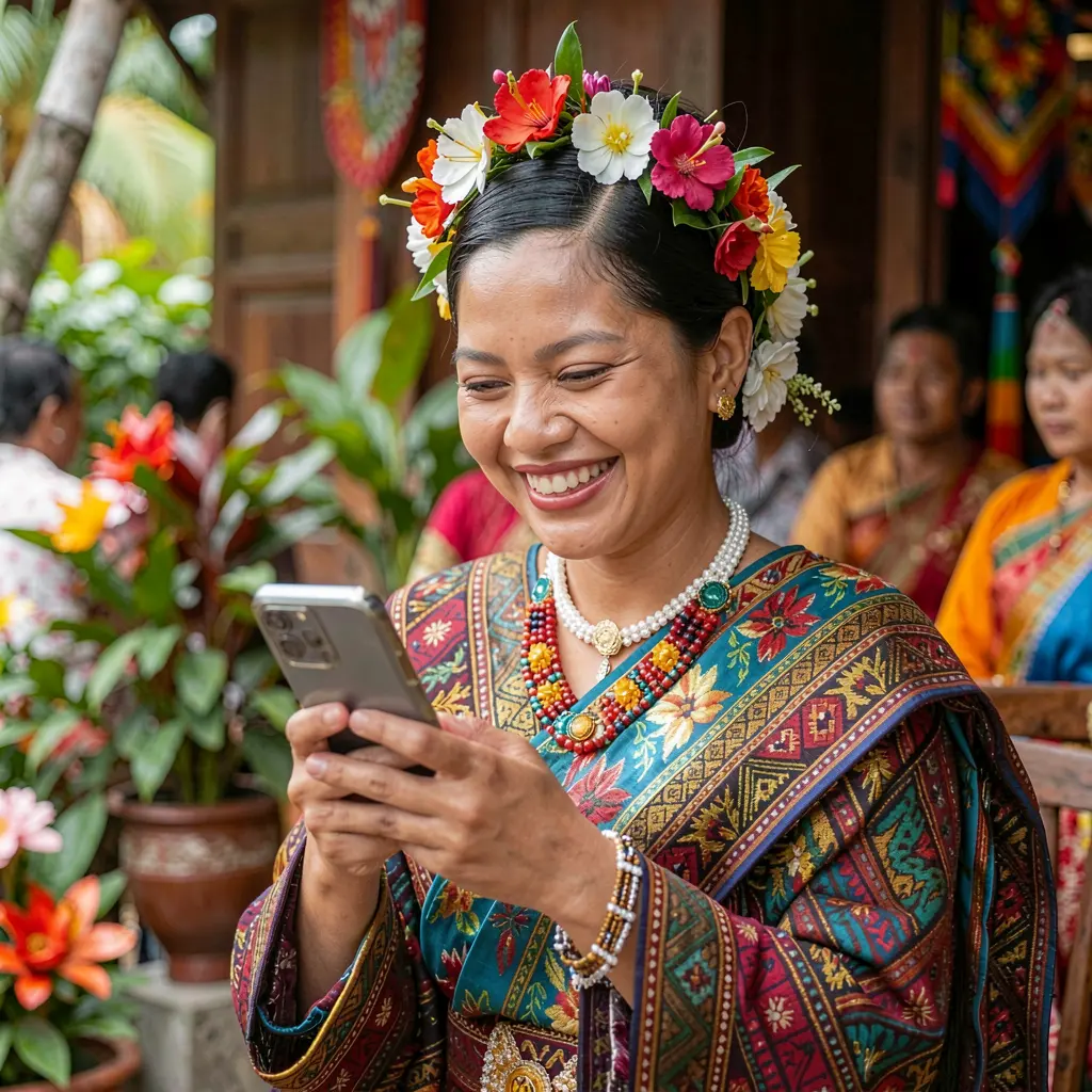 PHL 777 App – Experience exciting casino games on your mobile device Happy Filipino woman using the PHL 777 casino app on her smartphone in a colorful traditional setting full of culture and excitement