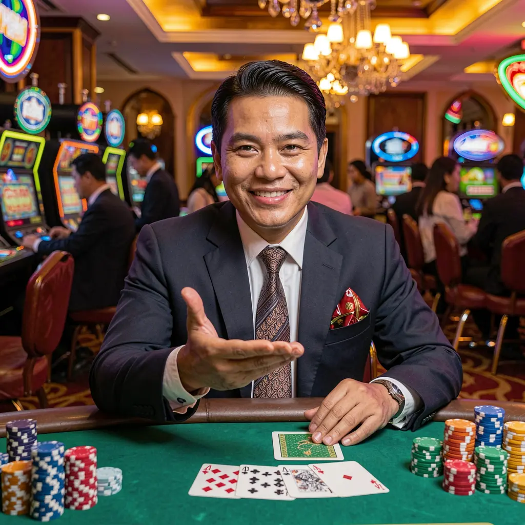 PHL 777 Login – Enter a premium online casino experience for players in the Philippines Smiling Filipino casino host welcoming players at a vibrant gaming table with cards and chips inside the PHL 777 online casino environment