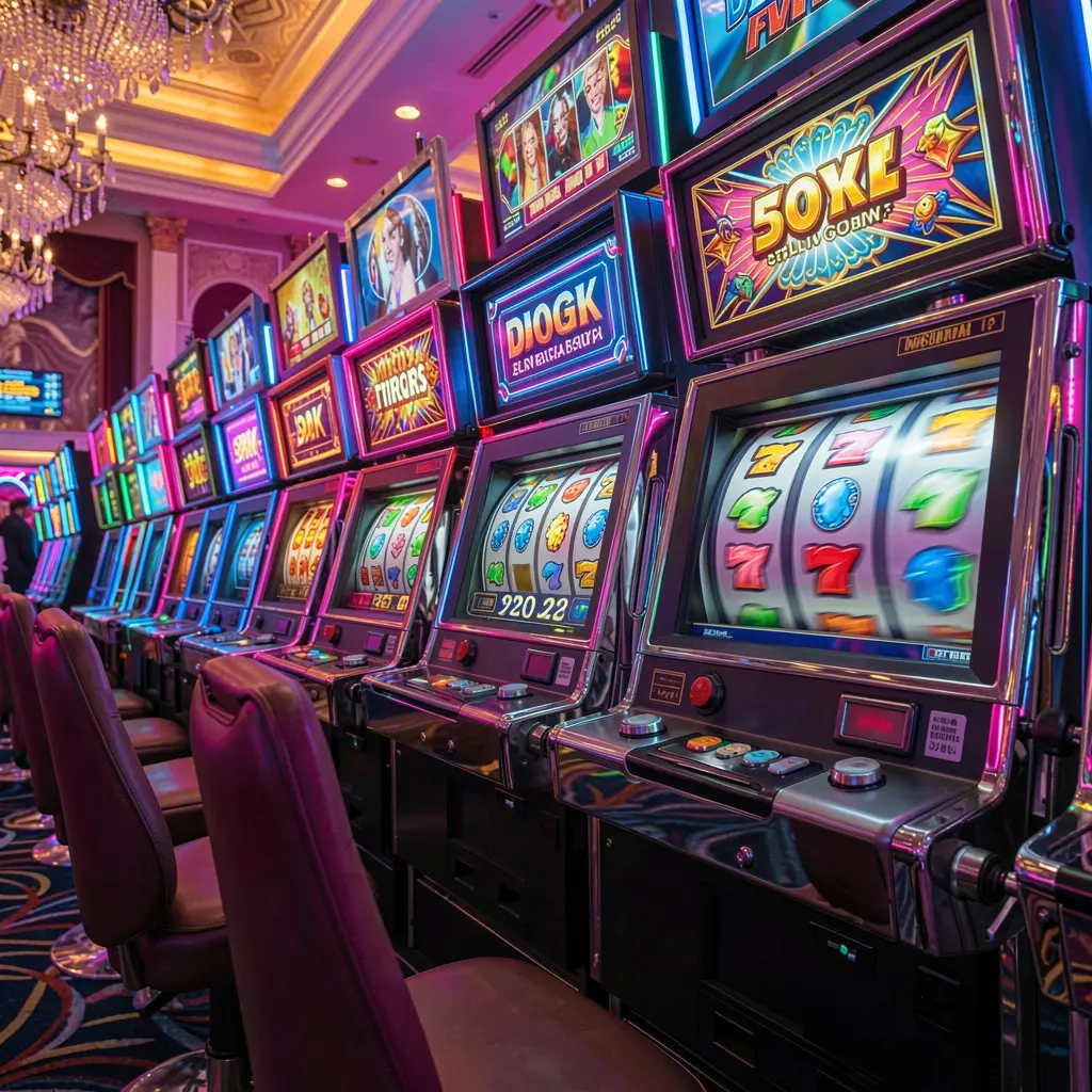 PHL 777 – Enjoy immersive online slot gameplay designed for Filipino players A vibrant row of modern slot machines with glowing reels and colorful symbols inside a neon lit casino atmosphere at PHL 777, showcasing immersive online slot gameplay for players in the Philippines